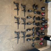 Complete Paintball Set-Up including; 6 Valkan SW1 guns, gas canisters, masks, hoppers, pod packs, plush 12l Scubapro gas tank and adaptor